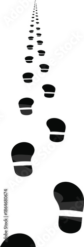 Footprints trail leading forward in a straight line on white