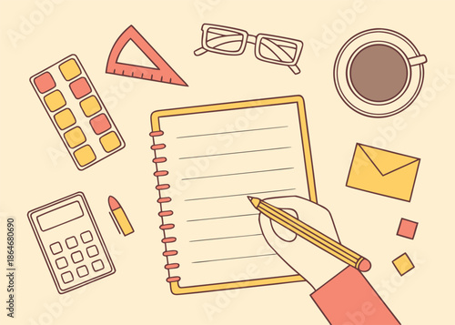 Hand writing on notepad with school supplies and stationery items around