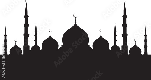 Black silhouette of mosque with domes and minarets