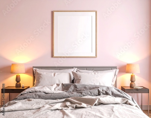 A mock up interior of a bedroom with a bed, two nightstands, and a framed picture on the wall, featuring a soft pink color scheme and warm lighting.