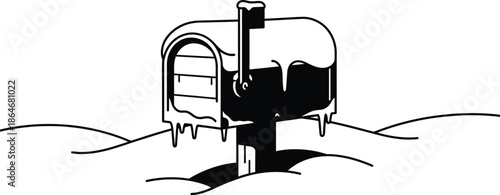 Melting mailbox in snowy landscape with icy details and flag