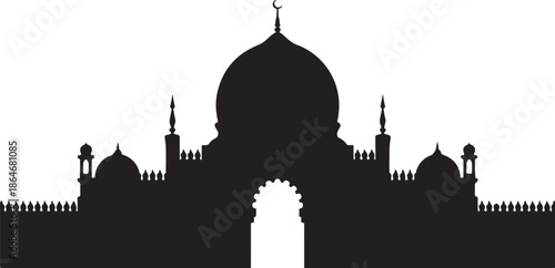Black silhouette of mosque with large dome and minarets