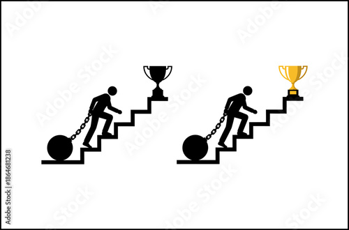 Two silhouettes struggle with weights to reach trophies, symbolizing overcoming challenges for success