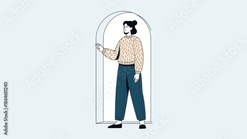 Stylish woman standing in doorway with casual outfit and bob haircut illustration