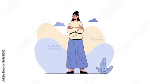 Stylish woman standing confidently outdoors with a serene landscape backdrop