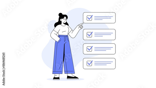 Stylish woman standing with checklist and digital interface for task management and organization