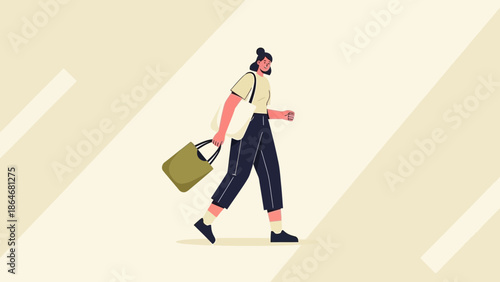 Stylish woman walking confidently with a bag in a modern minimalistic illustration