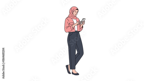 Stylish woman wearing a pink hijab and dark pants using her smartphone isolated on white background