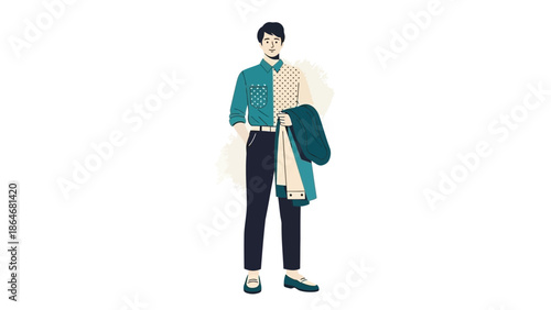 Stylish young man holding coat and dressed in casual smart attire with modern accessories