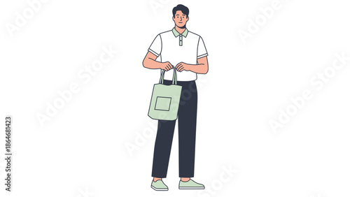 Stylish young man holding tote bag with casual outfit in a minimalistic design