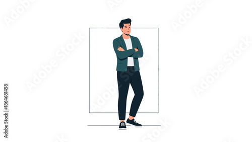 Stylish young man in casual attire standing confidently with arms crossed and a thoughtful