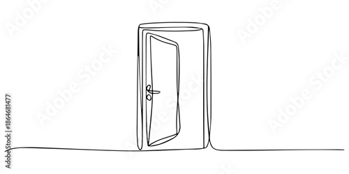 Open door one line illustration, welcome sign continuous line art drawing, Continuous line of open doors. one line drawing of door isolated on white background, Concept of opportunity and solution to.