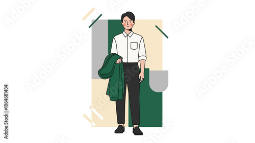 Stylish young man in casual business outfit standing confidently in modern interior setting