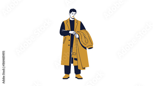 Stylish young man in fashionable long coat holding jacket and wearing sunglasses minimalist