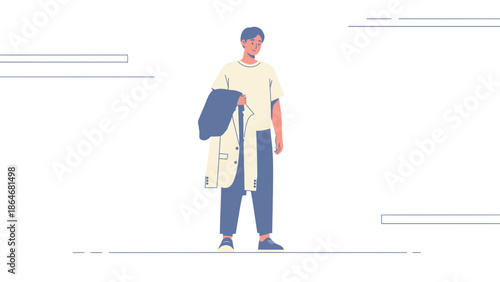 Stylish young man in casual outfit holding jacket standing on a minimalist background