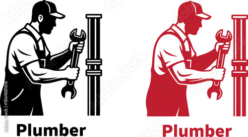 Plumber working with wrench and pipe