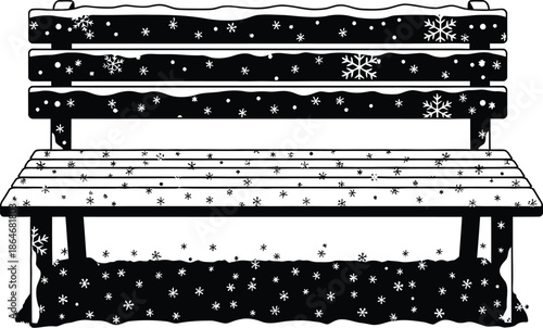 Snowy bench with snowflakes in black and white illustration