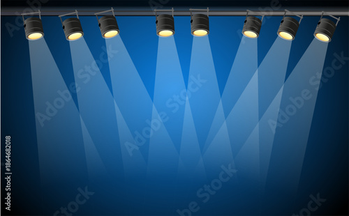 Blue light sources creating a glossy reflection on the floor, forming a modern, futuristic background atmosphere.