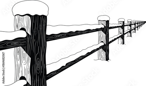Snowy wooden fence stretching into the distance on a winter day