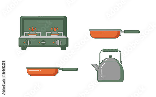 Camping Cookware Vector Set with Portable Gas Stove, Frying Pans, and Kettle Kettle in Flat Design Style for Outdoor Adventure