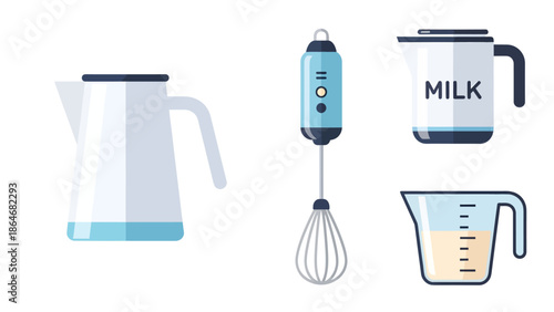 Modern Kitchen Appliances Set Illustration, Electric Kettle, Hand Blender, Milk Jug, and Measuring Cup in Flat Design Style