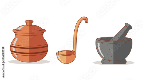 Traditional Kitchen Utensils Set Illustration, Clay Pot, Wooden Ladle, and Stone Mortar Pestle in Flat Design Style