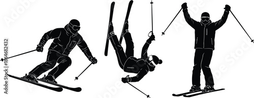Skiers in action with dynamic movements on snow