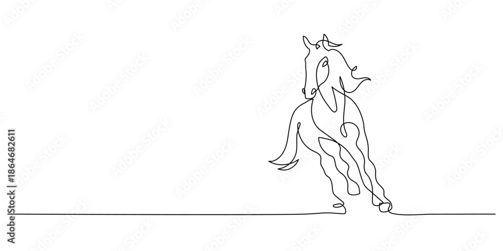 Obraz premium horse running single line drawing continuous minimalism decorative art copy space. year of the horse greeting handdrawn sketch illustration