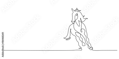 horse running single line drawing continuous minimalism decorative art copy space.  year of the horse greeting handdrawn sketch illustration
