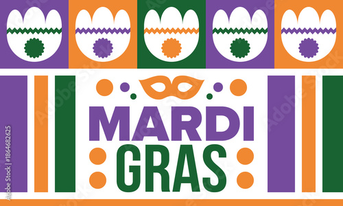 Mardi Gras Carnival in New Orleans. Fat Tuesday. Traditional holiday, celebration annual. Folk festival, costume masquerade, fun party. Carnival mask. Poster, card, banner and background. Vector