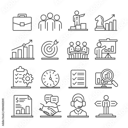 Enterprise and Management Line Icon Set – Professional Business Strategy, Leadership and Corporate Concepts