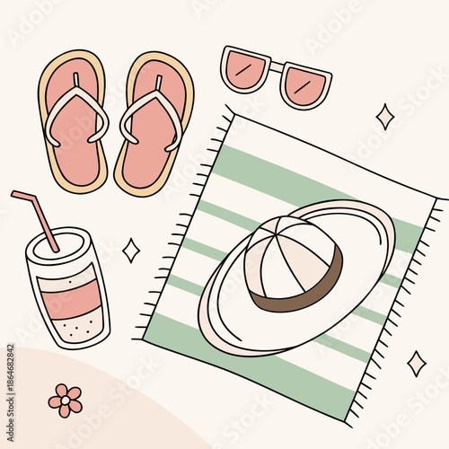 A serene summer scene with a hat, sunglasses, and refreshing drink on a striped blanket