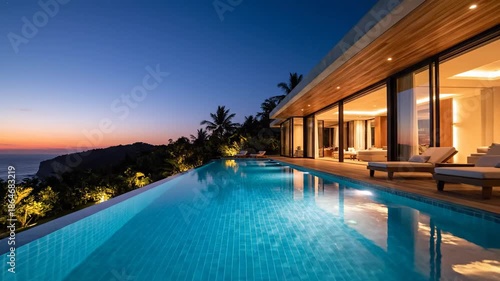 Wallpaper Mural Modern luxury villa overlooking infinity pool at sunset with ocean view Torontodigital.ca