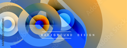Abstract circles overlap, creating dynamic blue, orange gradients. Modern design suggests technology, innovation, energy. Background features text background, design.