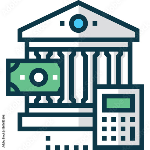 This digital vector illustration set features a financial calculator and money icon alongside media technology symbols like a camera, computer, and audio equipment for web design