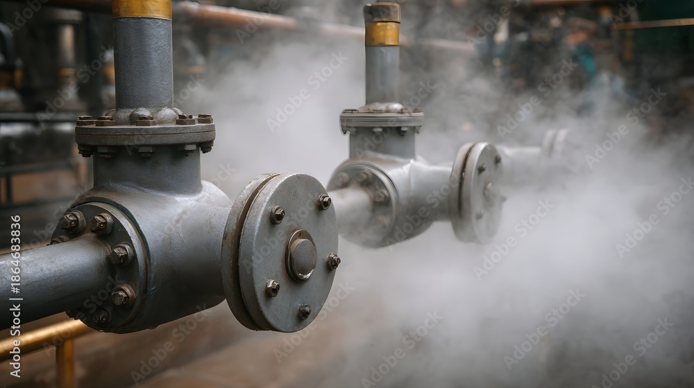 Fototapeta premium Close up of industrial pipes valves and flanges with dense steam emanating from the equipment in a manufacturing or power gene n facility