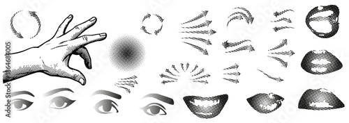 Versatile halftone collage design element bundle set featuring bold textures and modern graphic shapes.