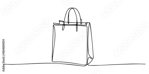 Continuous one line drawing of a shopping bag in minimalist linear style,  Paper bag black linear sketch isolated on transparent background, One continuous line drawing of a simple blank shopping bag.