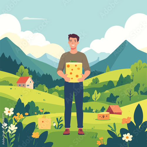 A man is standing with cheese in his hand.