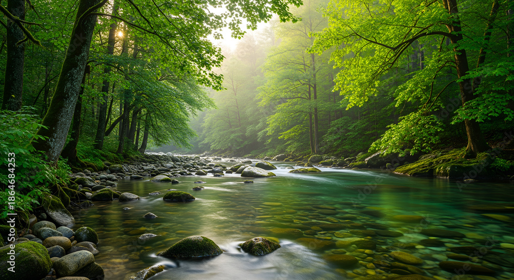 Obraz premium Tranquil Forest Creek with Clear Water and River Stones, Surrounded by Dense Green Trees and Soft Sun Rays, Evoking Calm, Balance, and Natural Harmony for Wellness and Relaxation Design Projects