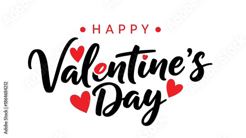 Happy Valentine's Day" artistic calligraphy greeting with decorative red hearts, perfect for holiday cards, banners, and romantic messages