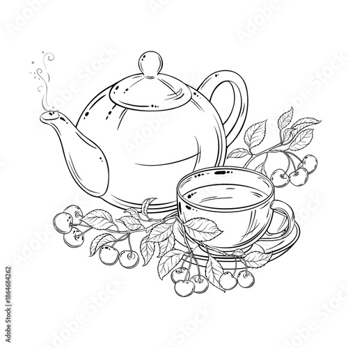 Cherry Tea in Teapot Outline Illustration.