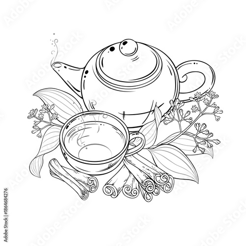 Cinnamon Tea in Teapot Outline Illustration.