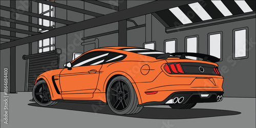 Vibrant orange muscle car illustration in an industrial garage setting