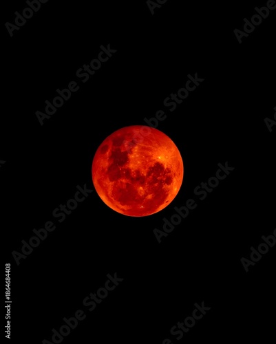 Full blood moon total lunar eclipse glowing in the dark night sky.