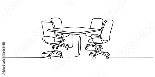 Minimalist line art of a modern office setup featuring a desk, chair and plant arrangement Modern Office Meeting Room Continuous Line Art, Table with office chairs Continuous One line drawing art pro.
