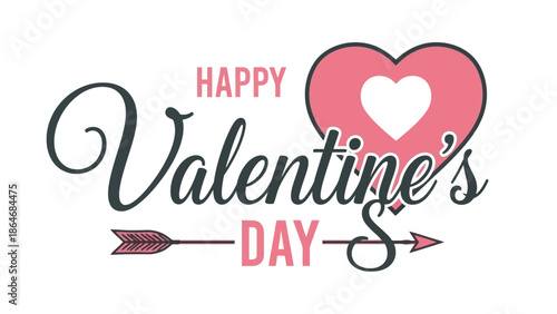 Romantic Valentine's Day typography graphic with elegant script, a stylized pink heart, and Cupid's arrow illustration for holiday greetings