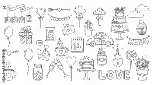 Collection of lovely hand-drawn outline icons and elements for romantic designs, perfect for Valentine's Day celebrations and expressing affection