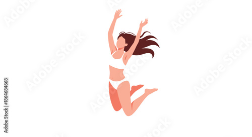 Happy young woman wearing a white bikini jumps high into the air with her arms raised in a display of pure joy and freedom.