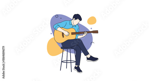 Focused man sits on a stool and plays an acoustic guitar against a backdrop of purple and yellow abstract shapes.